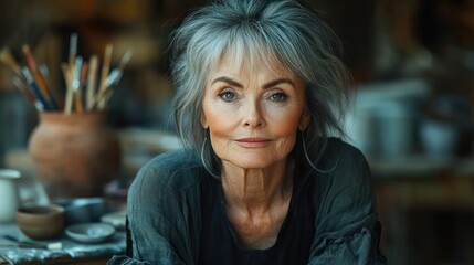 Portrait of an elegant older woman with gray hair and calm expression in a cozy artistic studio filled with pottery and brushes in warm natural lighting