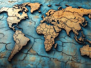 Detailed wooden world map with continents outlined on a blue textured background, showing countries and geographic boundaries in a warm and natural style