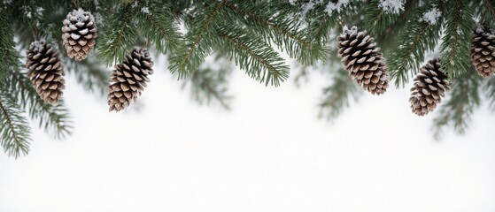lush green fir branches with scattered pine cones creating a rustic winter border | christmas, winter, holiday, nature, decor theme