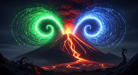Volcanic eruption with digital elements swirling, energy convergence and dynamic flow represented