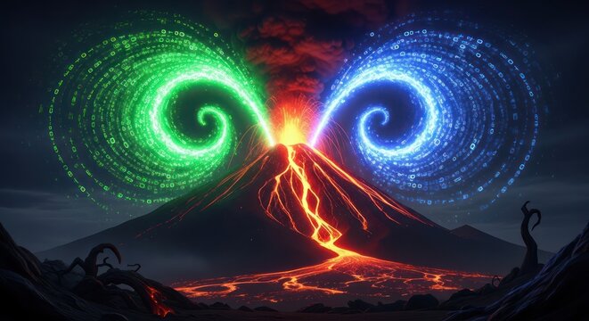 Volcanic eruption with digital elements swirling, energy convergence and dynamic flow represented - Powered by Adobe