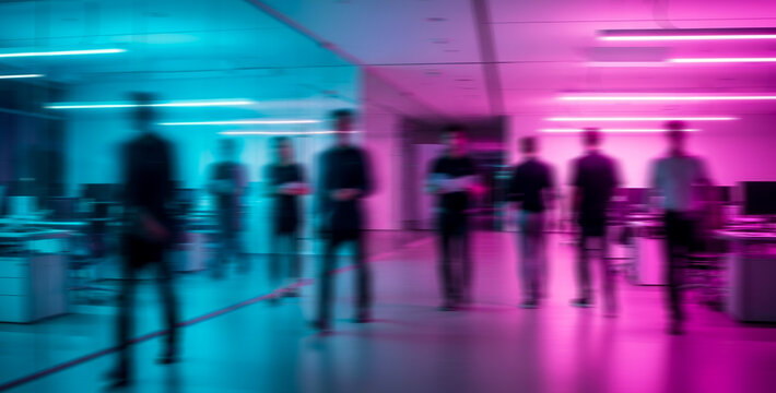 Blurred figures stand in a modern office space illuminated with vibrant blue and pink lighting, creating a futuristic atmosphere full of dynamic energy.