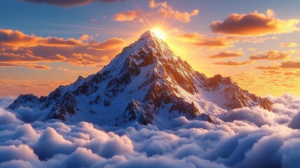 majestic snow-covered mountain peak glowing with sunlight above thick fluffy clouds during a vibrant sunrise with colorful sky