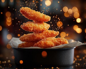 Stack of crispy golden breaded chicken tenders in a black bowl with parchment paper, surrounded by glowing bokeh lights and crumbs in the air conveying warmth and deliciousness