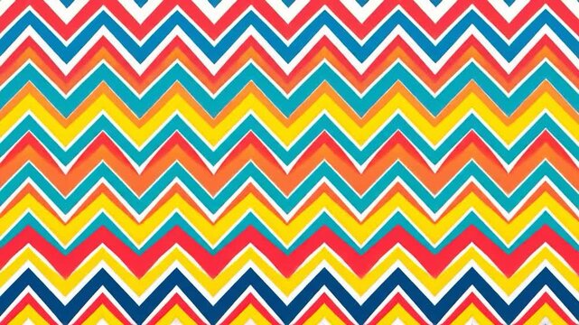 Colorful zigzag pattern of orange, yellow, red, blue, and teal. Stripes are separated by white borders