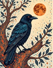 Fototapeta premium Vector illustration of a black bird on a tree branch
