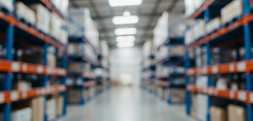 Obraz premium Warehouse interior with tall shelves full of packed boxes, blurred background effect highlighting the depth and scale of the spacious industrial storage area.