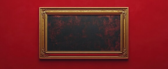 Fototapeta premium Empty ornate gold picture frame mounted on a vibrant red wall, creating a contrast and evoking a sense of mystery and anticipation