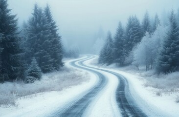 Snow-covered winding road through a dense frosty evergreen forest on a foggy winter day, evoking a serene and quiet atmosphere