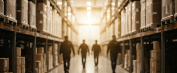 Four people walk together inside a warehouse aisle with tall shelves stacked with cardboard boxes, reflecting teamwork and movement in a busy logistics hub.