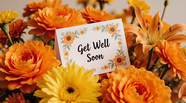 bright orange flower arrangement with a get well soon message card | sympathy, recovery, celebration, comfort, encouragement theme
