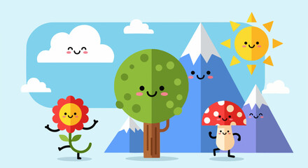 Naklejka premium A cute and happy cartoon nature landscape with smiling characters. Conceptual illustration for children's design