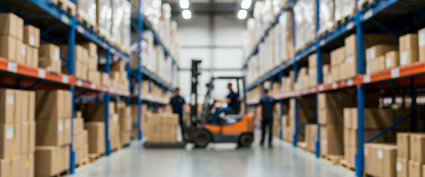 Forklift in a warehouse aisle with shelves full of boxes and workers, capturing the busy atmosphere of industrial logistics and daily operations.