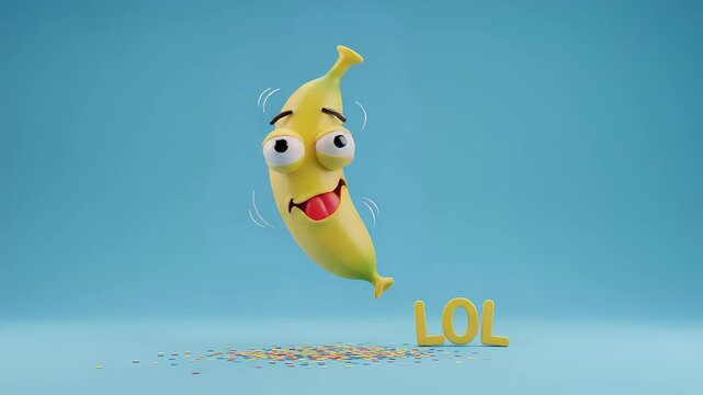 Playful Animated Banana With Big Eyes Laughing and Bouncing in a Vibrant