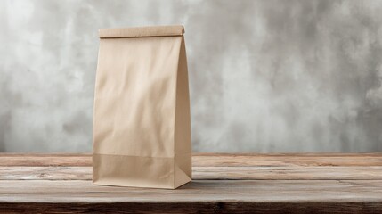 Blank kraft paper bag on distressed wood table. Clean commercial mockup