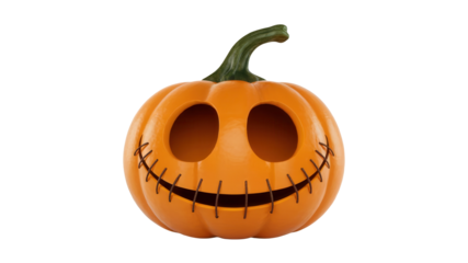 Spooky, stitched jack-o'-lantern with wide eyes and a grin, perfect for festive Halloween designs and seasonal celebrations bringing frightful fun.