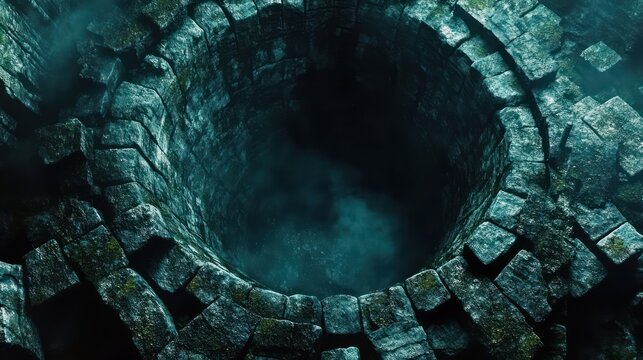 Dark ancient stone well with mist and water at the bottom surrounded by moss-covered weathered bricks in a mysterious atmosphere