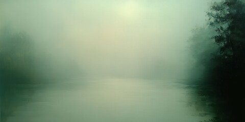Fototapeta premium Calm river surrounded by dense fog and trees on the right side, creating a serene and mysterious atmosphere with soft muted colors