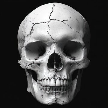 close-up of a cracked human skull on a black background depicting decay and fragility