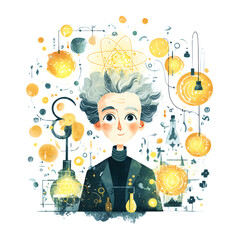 Cartoon illustration of Marie Curie, surrounded by scientific elements, front view.

