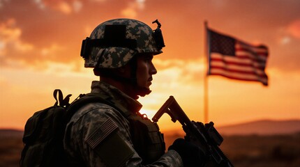 lone soldier silhouette against vibrant sunset sky for patriotic remembrance | patriotism, military, remembrance, freedom, memorial theme