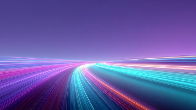 Ultra modern abstract neon light trails in cyan, magenta, pink and electric blue stretching into horizon over luminous purple background, conveying speed, leadership and futuristic corporate style