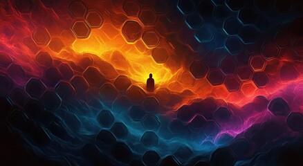 Silhouette of a person standing amidst vibrant, colorful swirling clouds with hexagonal patterns overlaying the scene, evoking a mystical and contemplative atmosphere