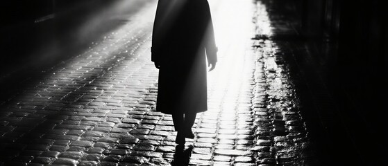 lone figure strolling down a misty road bathed in diffused light | mood, city, travel, reflection, sadness theme