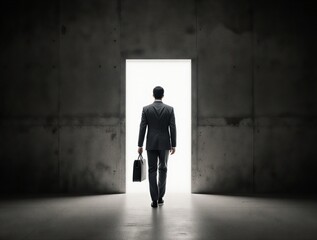 man walking towards light, symbolizing hope and future possibilities through an open door | business, motivation, hope, future, career theme