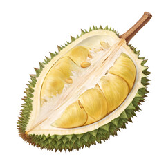 Fototapeta premium A halved durian fruit showcasing its creamy, yellow flesh and spiky outer shell, isolated on transparent background the image highlights the fruits texture