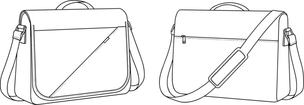 Messenger bag front and back view, technical fashion sketch, flat vector template, adjustable strap, CAD drawing, apparel design illustration
