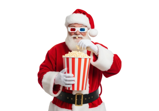 Santa Claus enjoying popcorn with 3D glasses, ready for a movie night, festive holiday fun!