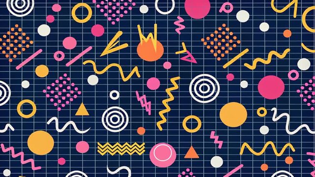 Colorful geometric shapes abstract pattern with retro style grid background, playful mood, vibrant dynamic seamless design, energetic squiggles, dots