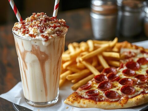 Creamy milkshake topped with whipped cream and crumbled topping served with two straws alongside a slice of pepperoni pizza and a heap of golden French fries on a white plate