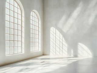 Minimalist empty room with tall arched windows casting soft sunlight and shadows on white walls and floor evoking calm and spaciousness