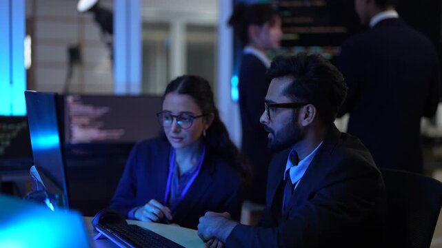 A senior software architect mentors junior developers in a late-night code review session. He is explaining a complex algorithm and the overall system architecture to the team.