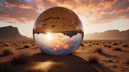 glowing celestial sphere reflecting desert landscape at sunset | abstract, fantasy, meditation, space, nature theme
