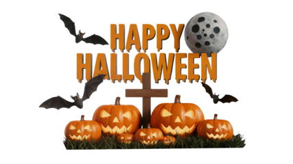 Spooky happy Halloween scene with carved pumpkins, flying bats, a wooden cross, and a full moon creating an eerie festive atmosphere perfect for holiday designs.