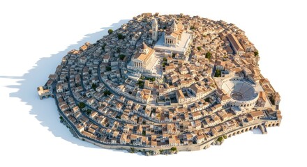 Spectacular panoramic view of an ancient tiered city nestled on a hilltop with historical