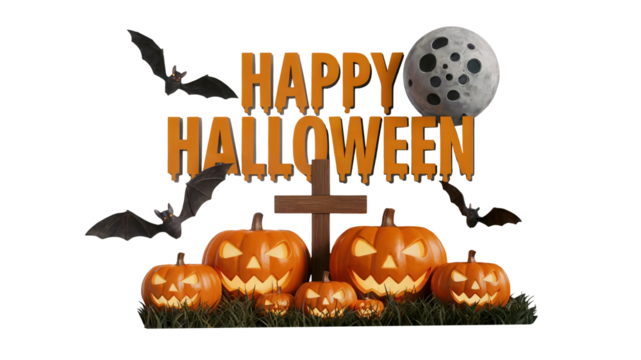 Spooky happy Halloween scene with carved pumpkins, flying bats, a wooden cross, and a full moon creating an eerie festive atmosphere perfect for holiday designs.