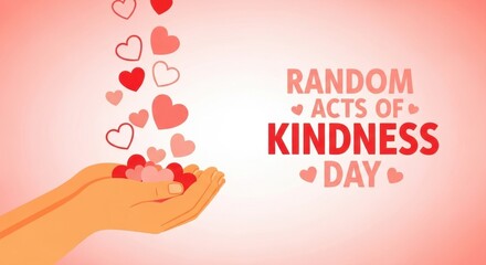 Hands holding hearts with random acts of kindness day text on a pink and white gradient background