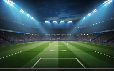 Illuminated soccer stadium with lush green field under bright spotlight beams illustration