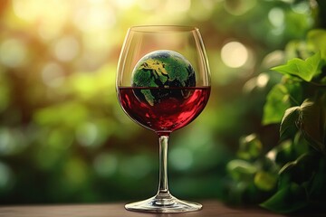 A wine glass filled with red wine containing a green globe depicting continents, set against a blurred green natural background with sunlight