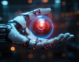 Futuristic robotic hand holding a glowing high-tech circular holographic device emitting red and blue light in a dark environment with blurred light spots