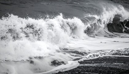 Monochrome image of ocean waves crashing onto a shoreline. Foamy crests and textured water detail a powerful natural scene