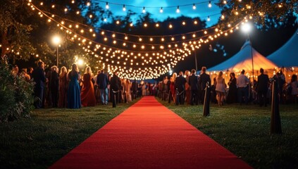 Evening outdoor event with guests in formal attire walking along a red carpet under warm string lights by a large white tent