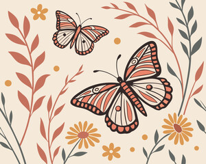 Fototapeta premium Delicate boho seamless pattern featuring abstract butterflies combined with wildflowers in soft earthy tones. Perfect for textiles, wallpapers, stationery, and feminine bohemian projects.