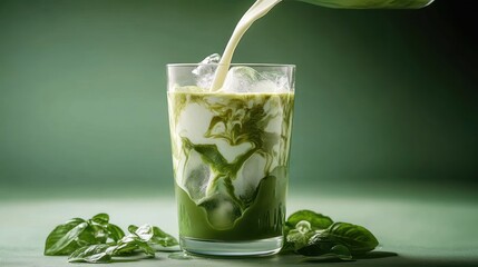 Creamy milk pouring into a glass of iced green matcha tea with fresh green leaves around, creating swirling patterns in the drink