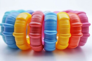 Close-up of colorful translucent plastic rings arranged in a row creating a vibrant pattern with playful and cheerful mood