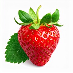 A single fresh ripe red strawberry with a vibrant green leaf, a perfect delicious berry isolated on a clean white background for design